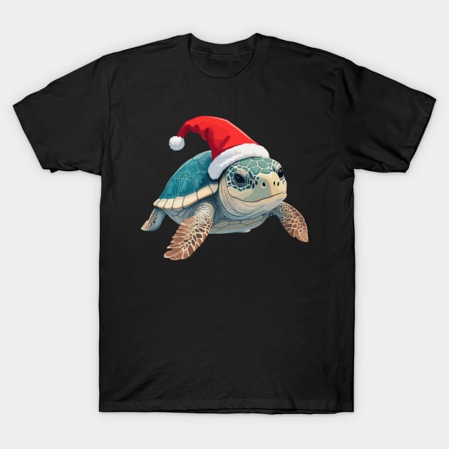 Christmas Santa Hat Sea Turtle Kids Family Mom Merry Xmas T-Shirt by AimArtStudio